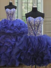  Three Piece Ball Gowns Vestidos de Quinceanera Royal Blue Sweetheart Organza Sleeveless Floor Length Lace Up