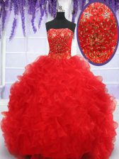  Organza Strapless Sleeveless Lace Up Beading and Embroidery and Ruffles Vestidos de Quinceanera in Red