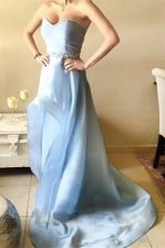 Romantic Asymmetrical A-line Sleeveless Light Blue Prom Evening Gown Zipper