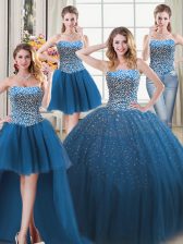 High Quality Four Piece Teal Sleeveless Tulle Lace Up Quinceanera Gown for Military Ball and Sweet 16 and Quinceanera
