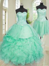  Three Piece Turquoise Sleeveless Organza Lace Up Quince Ball Gowns for Military Ball and Sweet 16 and Quinceanera