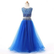  Scoop Sleeveless Flower Girl Dress Floor Length Beading Blue Organza