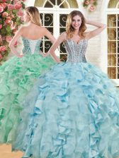Suitable Light Blue Organza and Taffeta Lace Up Quinceanera Gowns Sleeveless Floor Length Beading and Ruffles