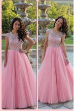 Dazzling Baby Pink Chiffon Zipper Scoop Cap Sleeves Floor Length Prom Dresses Beading
