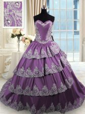 Fashion Beading and Appliques and Ruffled Layers Sweet 16 Dress Purple Lace Up Sleeveless With Train