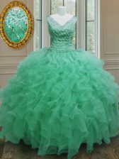  V-neck Sleeveless Sweet 16 Dresses Floor Length Beading and Ruffles Apple Green Organza