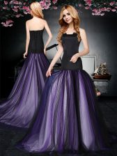  Tulle Sleeveless With Train Dress for Prom Brush Train and Ruching