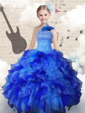  Strapless Sleeveless Little Girl Pageant Dress Floor Length Beading and Ruffles Navy Blue Organza