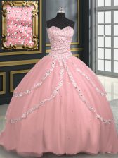 Pretty Sweetheart Sleeveless Tulle Ball Gown Prom Dress Beading and Appliques Brush Train Lace Up