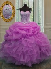 Fine Lilac Sleeveless Floor Length Beading and Ruffles and Pick Ups Lace Up Ball Gown Prom Dress