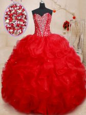  Red Ball Gowns Organza Sweetheart Sleeveless Beading and Ruffles Floor Length Lace Up Quince Ball Gowns