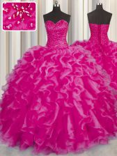 Romantic Hot Pink Organza Lace Up Sweet 16 Quinceanera Dress Sleeveless Floor Length Beading and Ruffles
