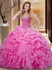 High Quality Pick Ups Ball Gowns Quinceanera Dresses Rose Pink Sweetheart Organza Sleeveless Floor Length Lace Up