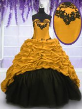 Fitting Gold Sleeveless Sweep Train Appliques and Pick Ups 15 Quinceanera Dress