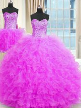 Latest Three Piece Lilac Tulle Lace Up Strapless Sleeveless Floor Length Quinceanera Gown Beading and Ruffles