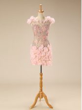  Tulle Scoop Cap Sleeves Zipper Beading and Hand Made Flower Prom Dresses in Pink