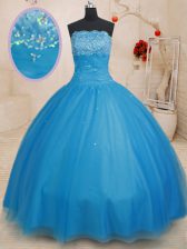 Stunning Baby Blue Ball Gowns Beading Sweet 16 Quinceanera Dress Lace Up Tulle Sleeveless Floor Length