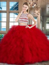 Enchanting Scoop Red Sleeveless With Train Beading and Ruffles Backless Quince Ball Gowns