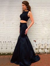 Dazzling Brush Train Two Pieces Evening Dress Black Bateau Elastic Woven Satin Sleeveless Zipper