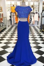Fantastic Royal Blue Bateau Zipper Beading Sweep Train Short Sleeves