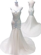 Adorable Mermaid Straps With Train White Evening Dress Tulle Court Train Sleeveless Beading