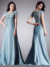 Flare Scoop Cap Sleeves Zipper Floor Length Appliques Prom Dress