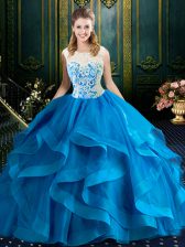  Scoop Sleeveless Brush Train Zipper Quinceanera Dress Blue Tulle