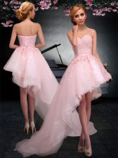 Stylish Baby Pink A-line Tulle Sweetheart Sleeveless Appliques Asymmetrical Lace Up Prom Party Dress