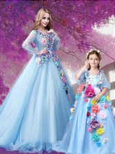 V-neck Long Sleeves Organza Vestidos de Quinceanera Beading and Hand Made Flower Sweep Train Lace Up