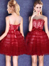 Sumptuous Scoop Mini Length Lace Up Quinceanera Court Dresses Wine Red for Prom and Party and Wedding Party with Lace and Bowknot
