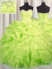 Low Price Yellow Green Lace Up Sweetheart Beading and Ruffles and Ruching and Pick Ups Quinceanera Dress Organza Sleeveless