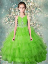  Halter Top Beading and Ruffled Layers Little Girls Pageant Dress Apple Green Zipper Sleeveless Floor Length