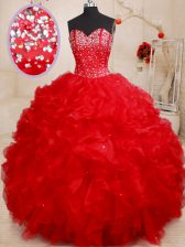  Red Ball Gowns Sweetheart Sleeveless Organza Floor Length Lace Up Beading and Ruffles Quinceanera Dress