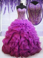 Spectacular Eggplant Purple Organza Lace Up 15 Quinceanera Dress Sleeveless Floor Length Beading and Ruffles