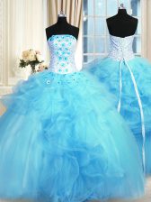 Adorable Baby Blue Ball Gowns Tulle Strapless Sleeveless Pick Ups and Hand Made Flower Floor Length Lace Up Sweet 16 Dresses