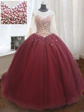 Vintage Wine Red Quinceanera Gowns Military Ball and Sweet 16 and Quinceanera with Beading and Sequins Scoop Long Sleeves Court Train Lace Up