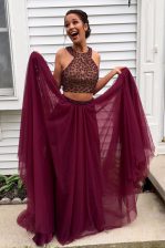  Halter Top Sleeveless Sweep Train Beading Backless Evening Dress