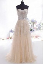  Sweetheart Sleeveless Sweep Train Beading and Belt Champagne Organza