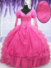 Romantic V-neck Long Sleeves Organza 15th Birthday Dress Beading and Embroidery and Hand Made Flower Lace Up