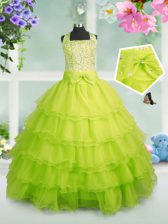  Apple Green Ball Gowns Beading and Ruffled Layers Kids Pageant Dress Zipper Organza Sleeveless Floor Length