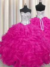  Fuchsia Sleeveless Beading and Ruffles Quinceanera Gowns