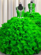 Fantastic Zipple Up See Through Back Zipper Straps Beading and Ruffles Quinceanera Dress Organza Sleeveless