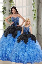 Beautiful Sleeveless Floor Length Beading and Ruffles Lace Up Quinceanera Gown with Black and Blue