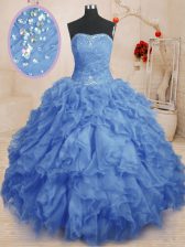  Strapless Sleeveless Quinceanera Gown Floor Length Beading and Ruffles and Ruching Blue Organza