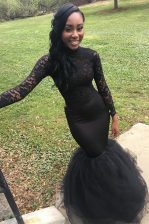 High Class Mermaid Black Zipper High-neck Lace Homecoming Dress Elastic Woven Satin Long Sleeves