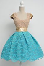 Suitable Scoop Lace Knee Length Zipper Evening Dress Blue for Prom and Party with Sequins