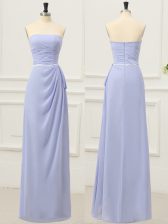 Charming Strapless Sleeveless Prom Dresses Floor Length Ruching and Belt Lavender Chiffon