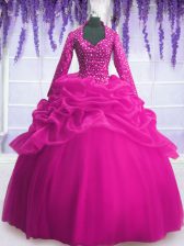  Fuchsia Ball Gowns Organza V-neck Long Sleeves Sequins and Pick Ups Floor Length Zipper Quinceanera Gown
