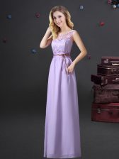 Modest See Through Chiffon Scoop Sleeveless Lace Up Lace and Appliques and Belt Court Dresses for Sweet 16 in Lavender