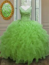  V-neck Zipper Beading and Ruffles 15th Birthday Dress Sleeveless